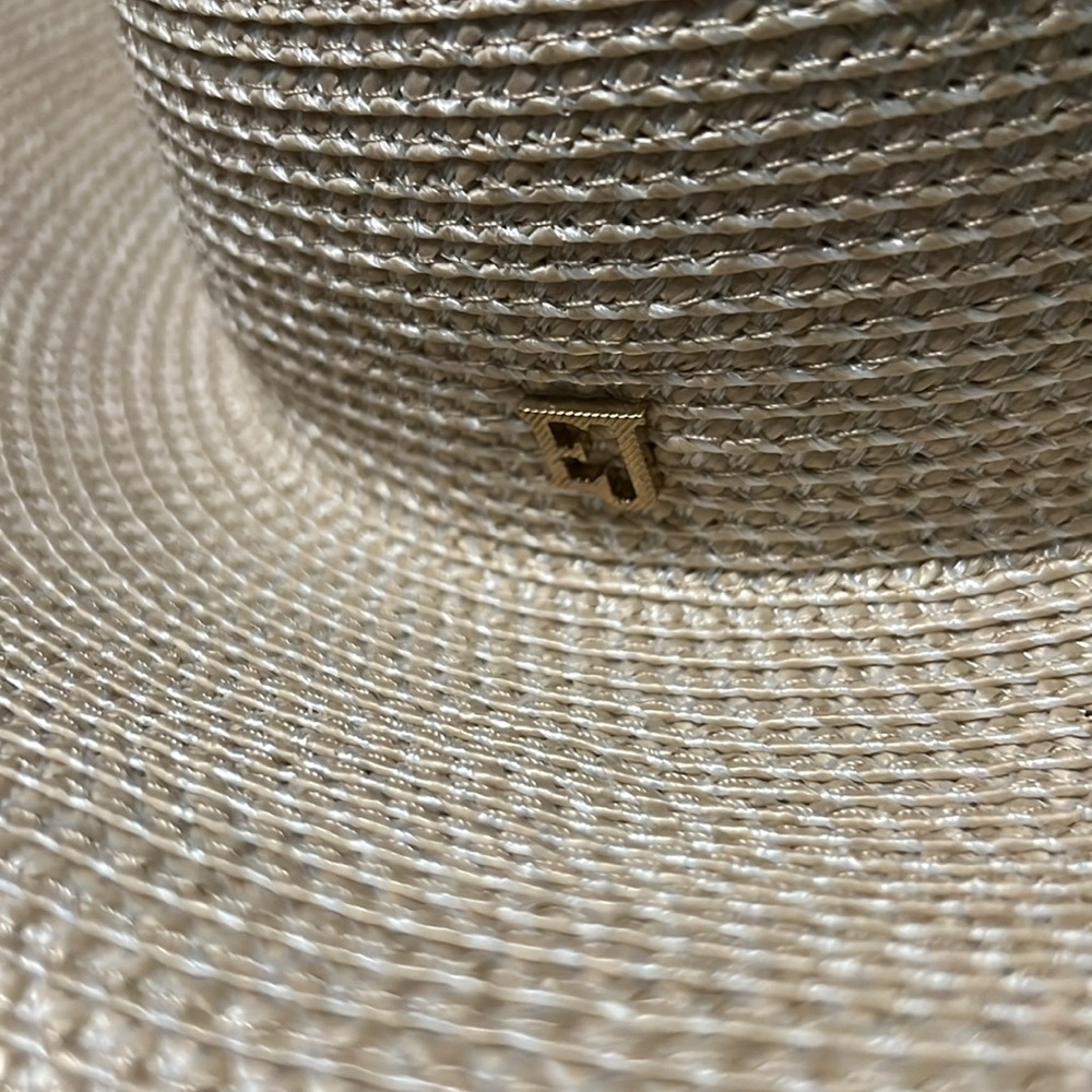 Eric Javits Natural Straw Wide-Brim Sun Hat with Gold Logo - Picture 4 of 5